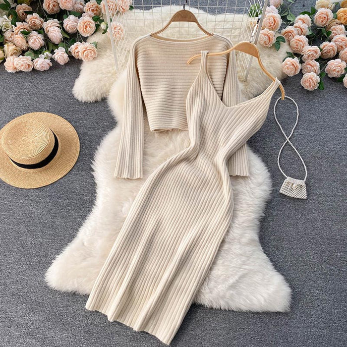Women's Ribbed 2-Piece Set V-Neck Dress & Pearl Sweater
