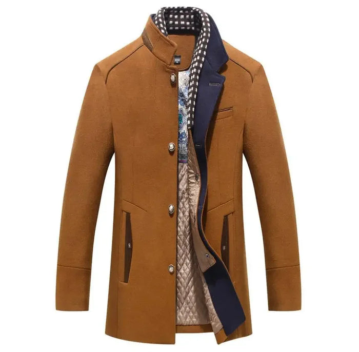 Men's Stand Collar Coat with Button Front and Quilted Lining