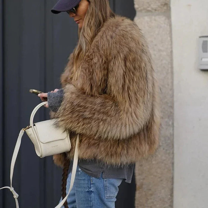 Women's Faux Fur Bomber Jacket with Ribbed Cuffs