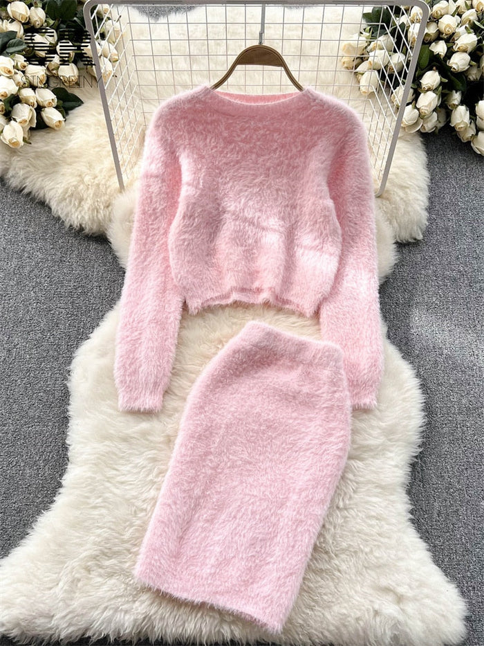 Women's Fuzzy Knit Sweater and Skirt Set Long Sleeve