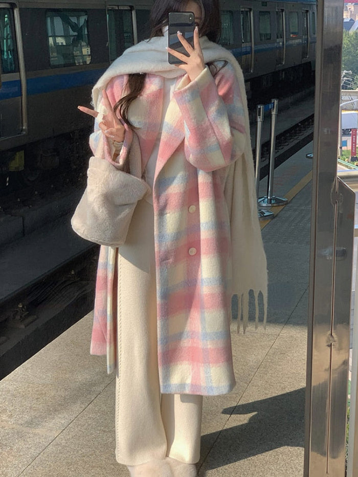 Women's Hooded Checkered Coat with Button Closure