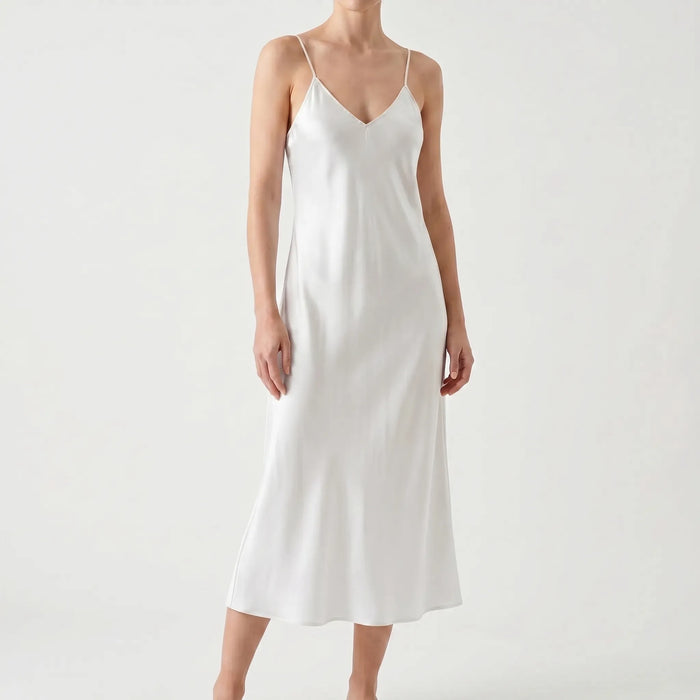 Women's Satin Slip Midi Dress with Ruched V-Neck