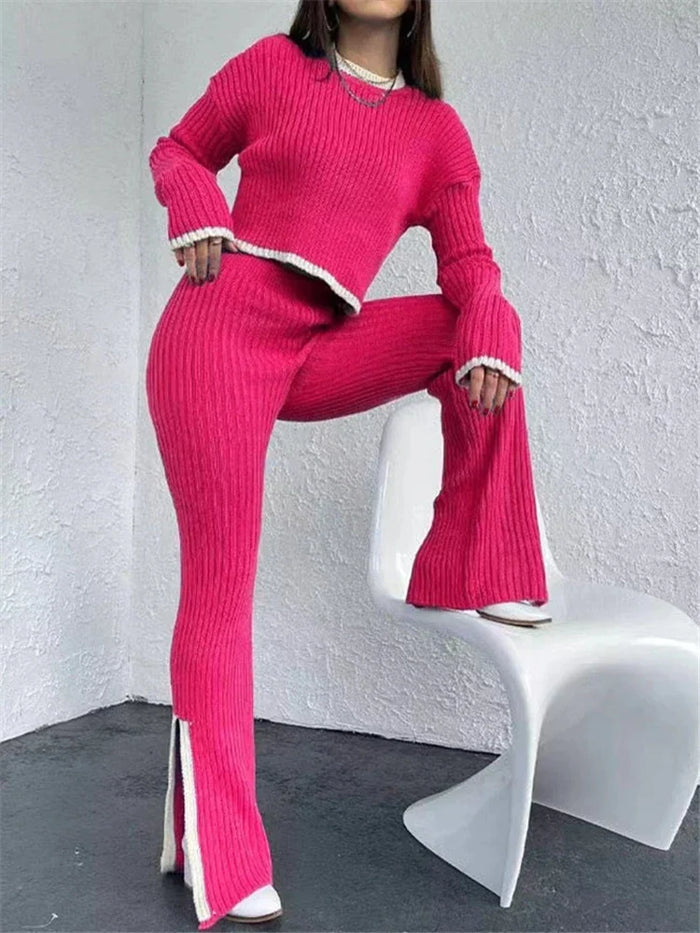 Women's Ribbed Lounge Set Crew Neck Top Flare Pants