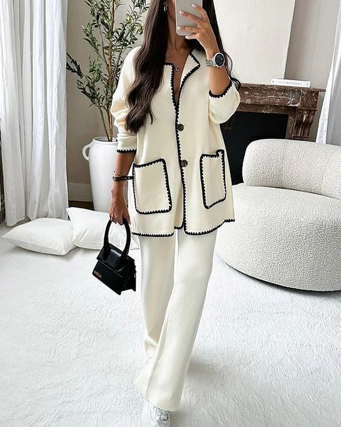 Women's Two-Piece Set with Contrast Trim Cardigan and Pants