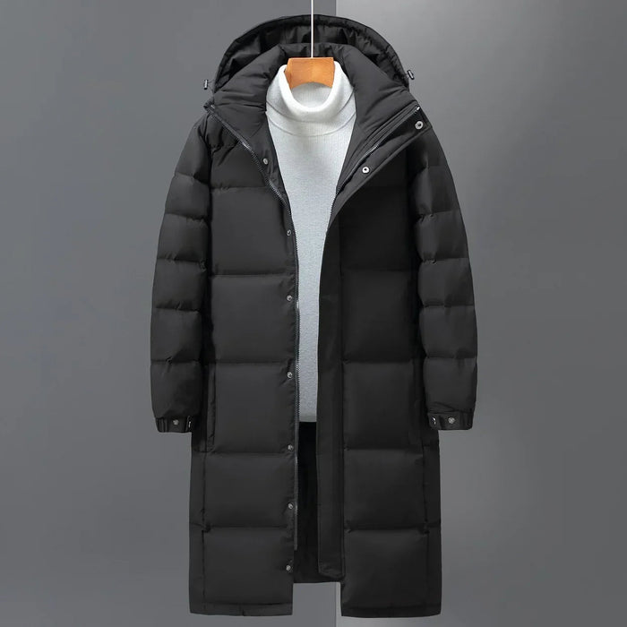 Long Puffer Coat with Hooded Collar and Zip Front