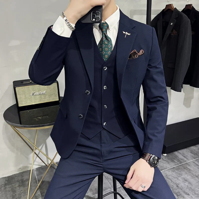Men's Slim-Fit Three-Piece Suit with Notched Lapel