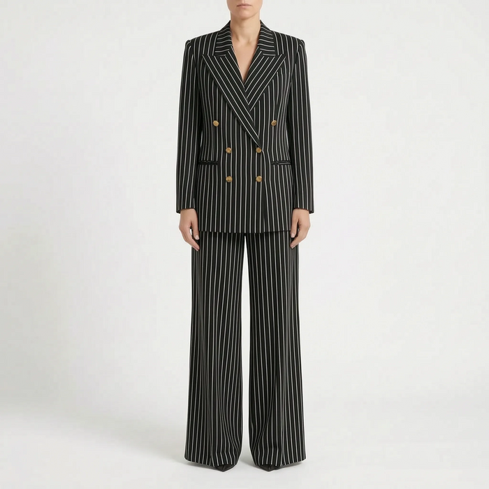Women's Striped Double-Breasted Pant Suit with Wide Legs