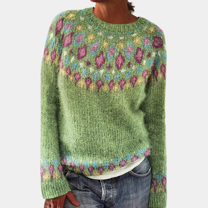 Women's Fair Isle Crew Neck Sweater with Yoke Pattern