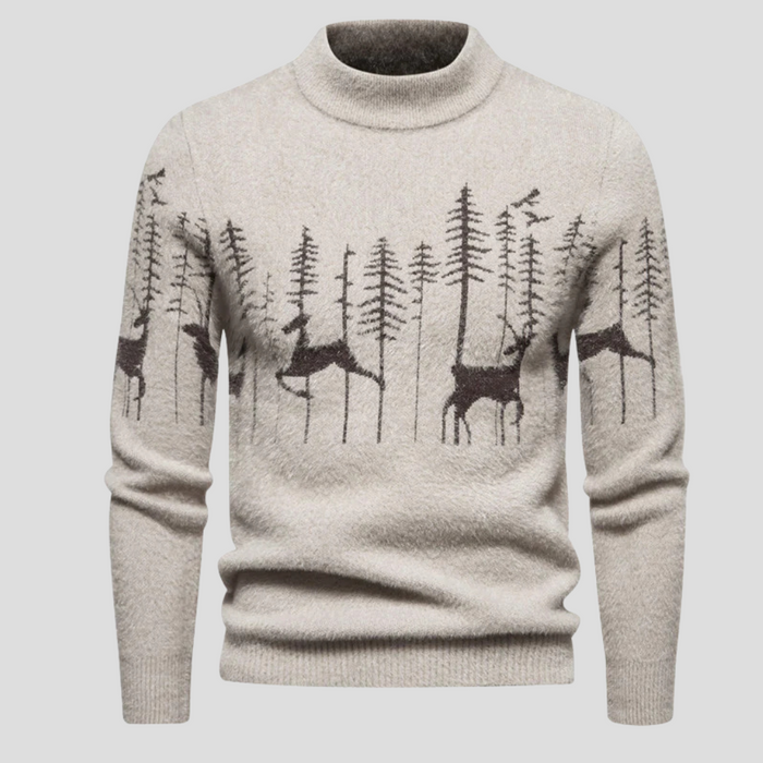 Men's Turtleneck Sweater with Forest and Deer Pattern