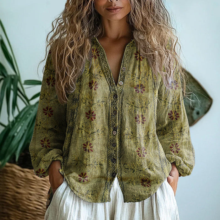 Brianna | Elegant Vintage Leaf Print Shirt