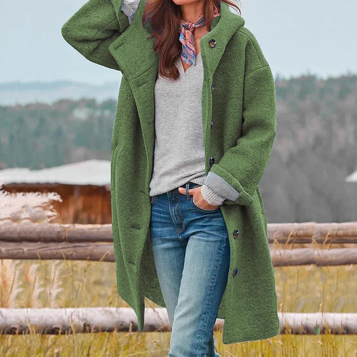 Women's Hooded Long Coat with Button Closure