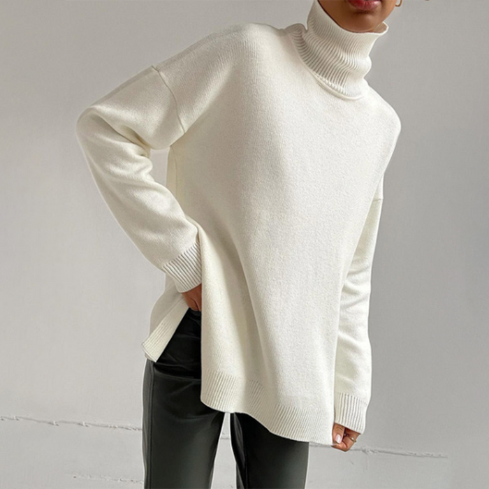 Women's Turtleneck Sweater with Side Slits Relaxed Fit
