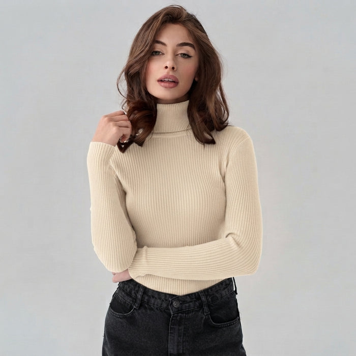 Women's Ribbed Turtleneck Sweater with Thumbhole Cuffs