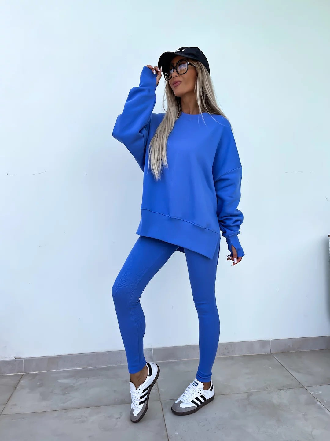 Casual Sweater Suit, Loose Crew Neck Split Top and Tight Pants