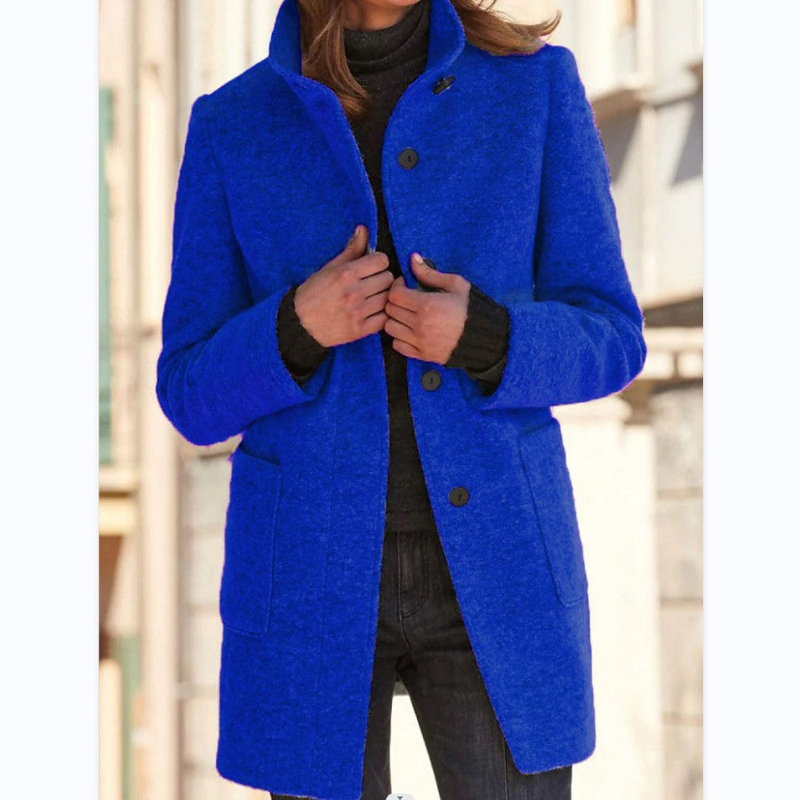 Stand Collar Wool Coat for Women, Slim Fit Long Winter Coat