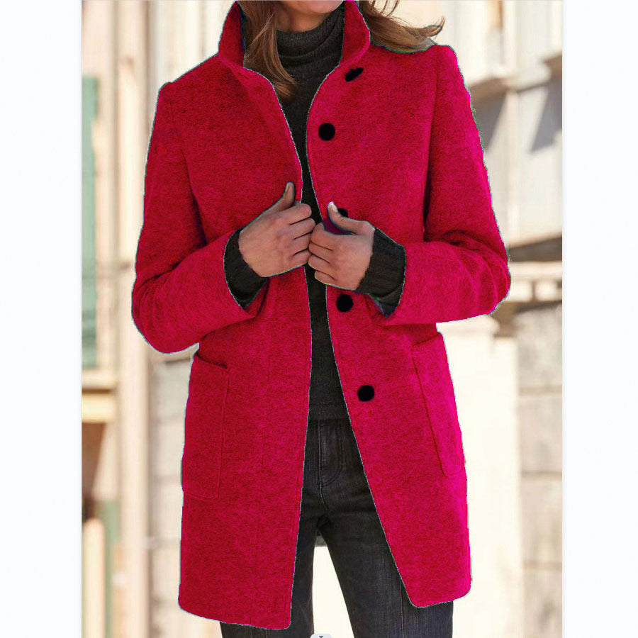 Stand Collar Wool Coat for Women, Slim Fit Long Winter Coat