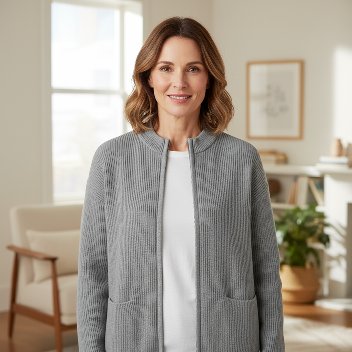 Women's Ribbed Zip-Front Cardigan Longline with Pockets