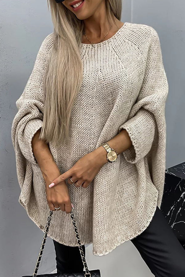 Women's Oversized Knit Poncho with Round Neck