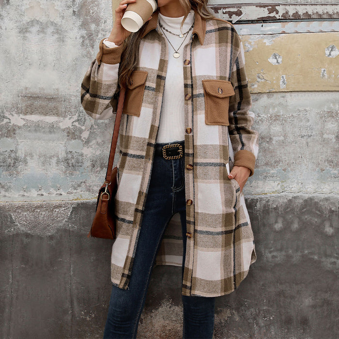Lindsey | Women's Long Brushed Plaid Coat with Pockets, Loose Fit
