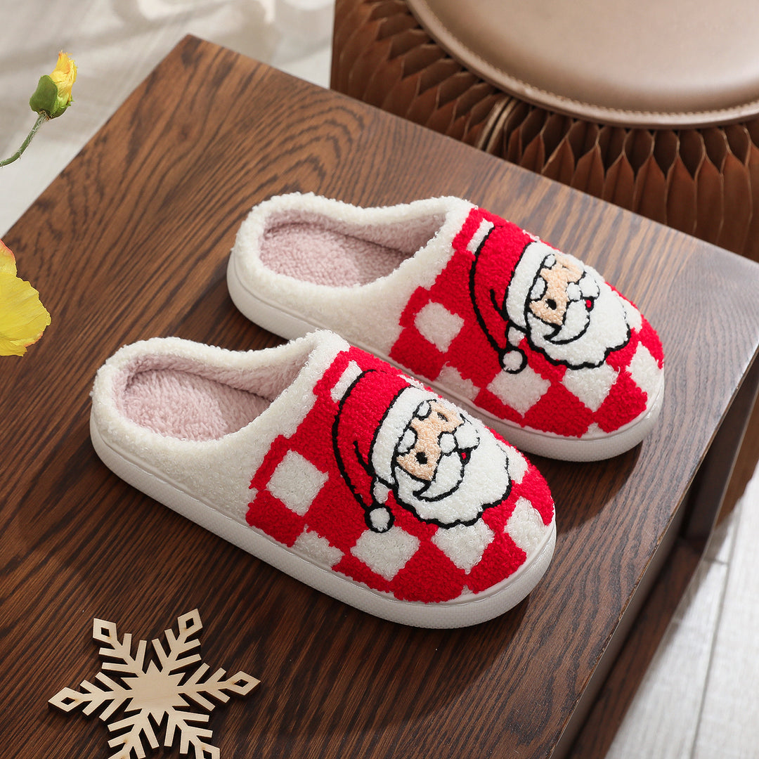 Christmas Plaid Santa Claus Slippers, Fuzzy Non-Slip House Shoes