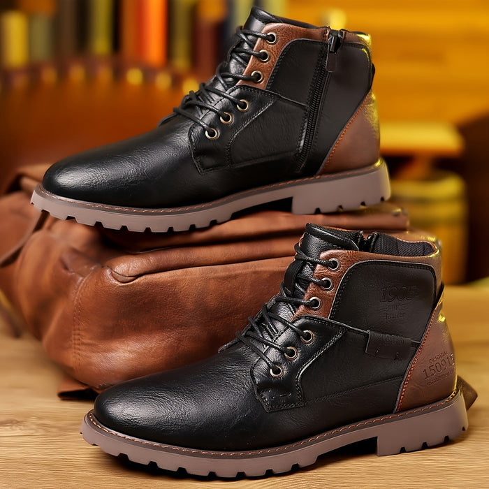 Men's Lace-Up Ankle Boots with Side Zip and Lugged Sole