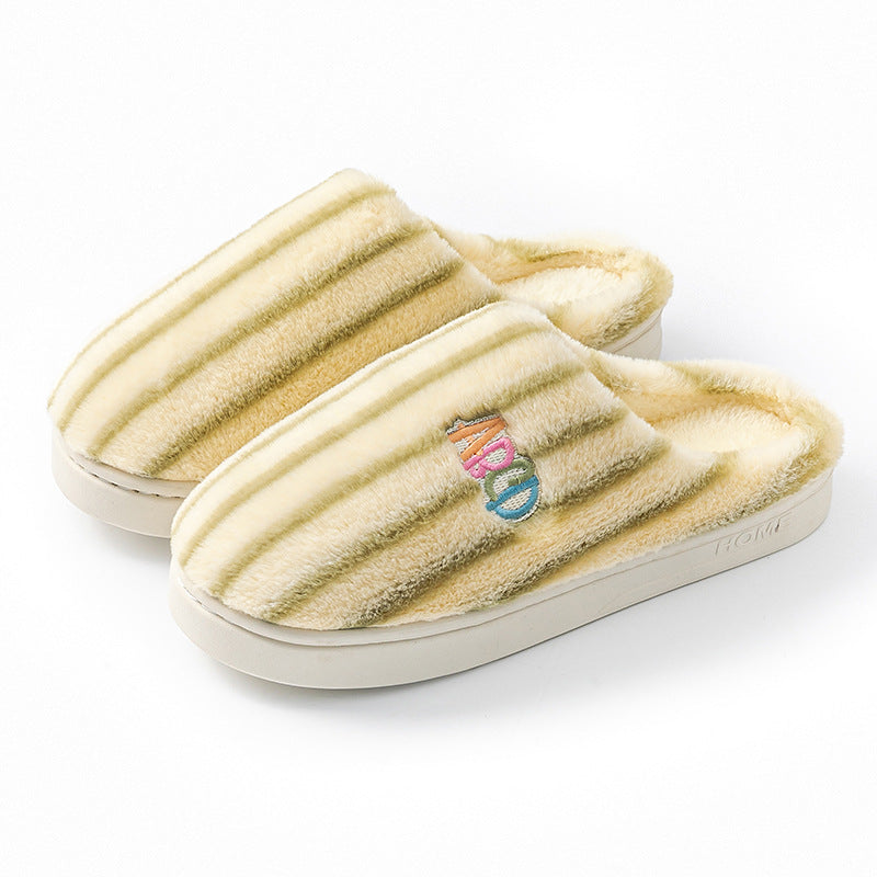 Plush Striped Letter Slippers, Winter Warm Embroidered