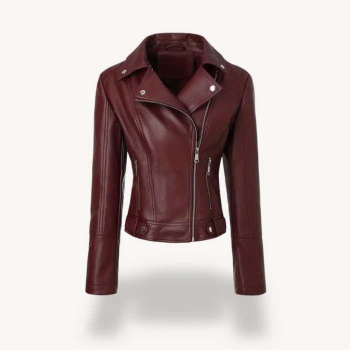 Women's Faux Leather Biker Jacket with Notched Lapel Collar