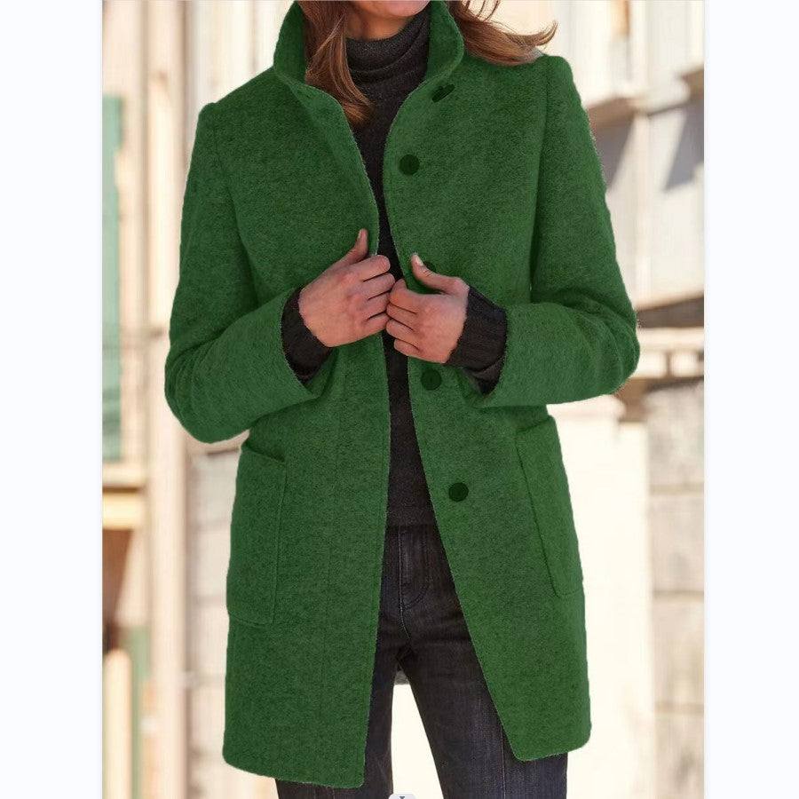 Stand Collar Wool Coat for Women, Slim Fit Long Winter Coat