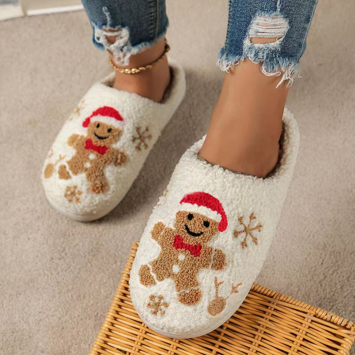 Christmas Snowflake Gingerbread Slippers, Non-Slip Fuzzy Shoes