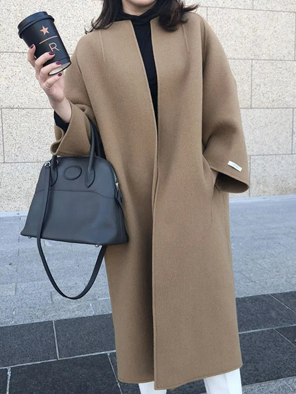 Women's Long Collarless Coat with Relaxed Fit