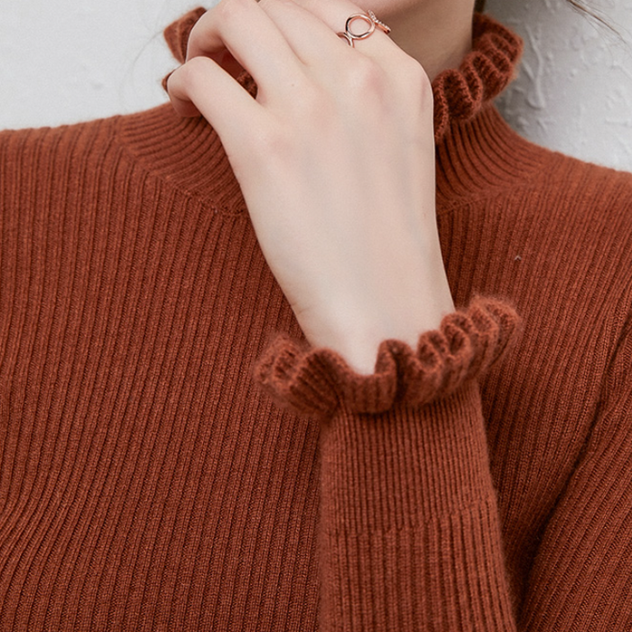 Women's Ribbed Turtleneck Sweater with Ruffle Trim