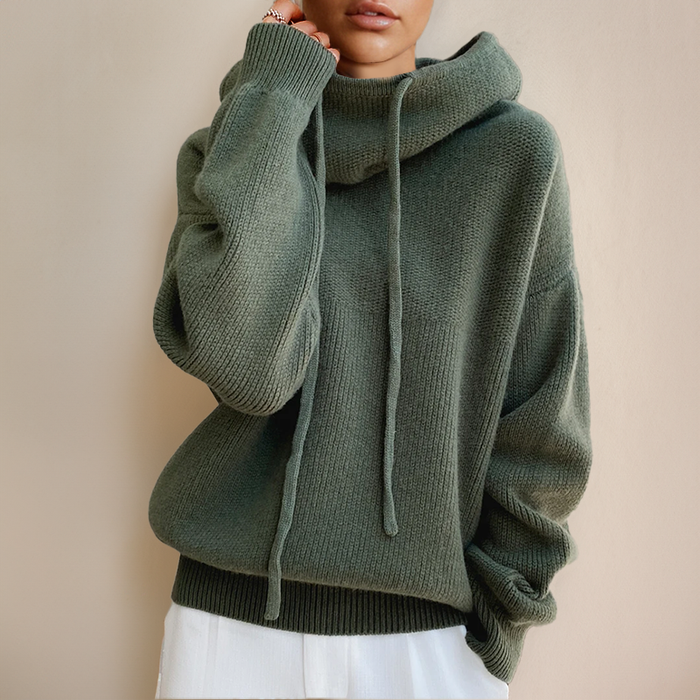 Women's Hooded Sweater with Ribbed Knit and Drawstring