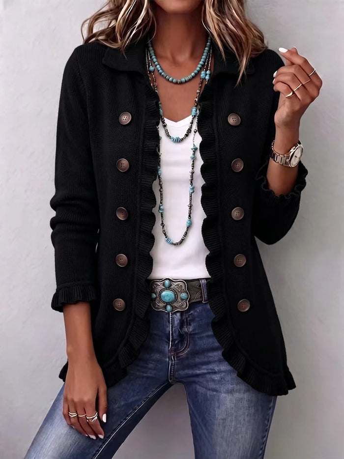 Elizabeth | Ruffle Trim Knit Cardigan with Buttons and Slim Fit