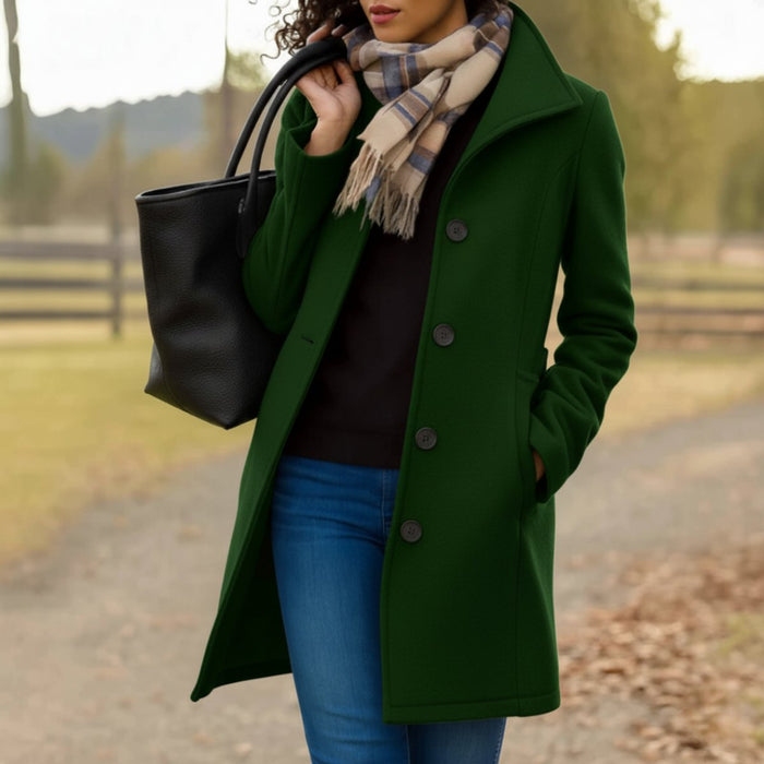 Women's Button-Front Mid-Length Coat with Notch Collar