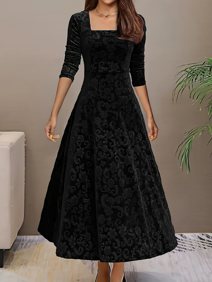 Women's Embossed Velvet A-Line Midi Dress Square Neck