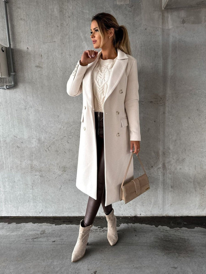 Women's Double-Breasted Long Coat with Gold Button Detail