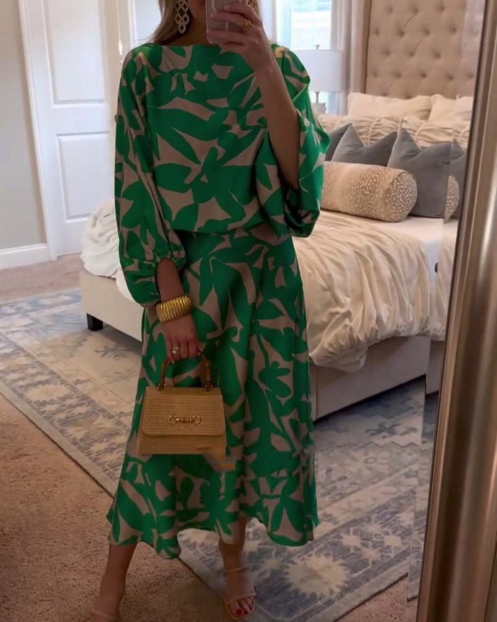 Women's Abstract Print Two-Piece Set with Balloon Sleeves