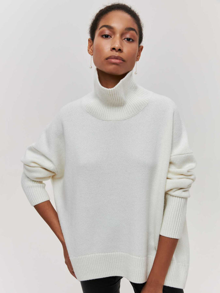 Turtleneck Pullover Sweater with Long Sleeves in Solid Colors
