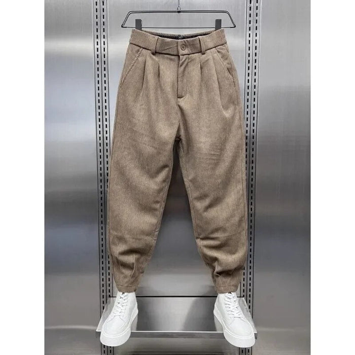 Men's High-Waist Pleated Corduroy Joggers with Belted Waist