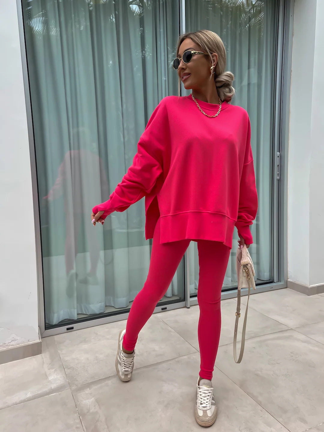 Casual Sweater Suit, Loose Crew Neck Split Top and Tight Pants