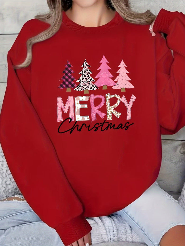 Women's Christmas Sweatshirt with Tree Print and Lettering
