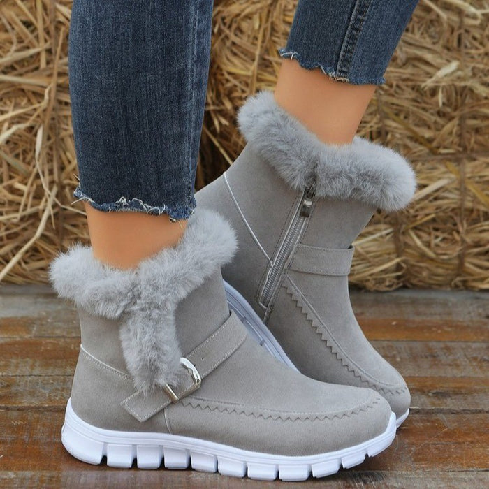 Megan | Women's Buckle Snow Ankle Boots – Thick Plush, Side Zipper, Flat