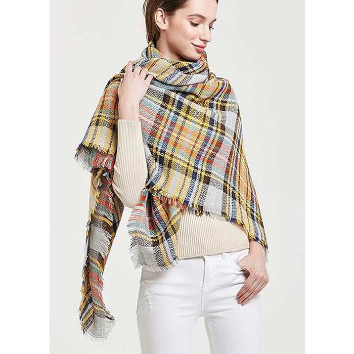 Emily | Yellow and Blue Plaid Blanket Scarf with Fringe, 59 x 59 Inches