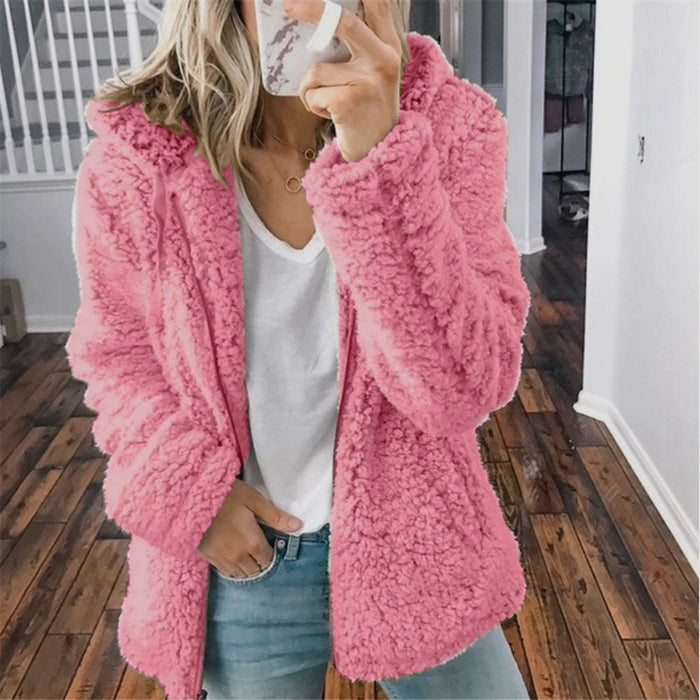 Women's Hooded Teddy Jacket Open Front Long Sleeve