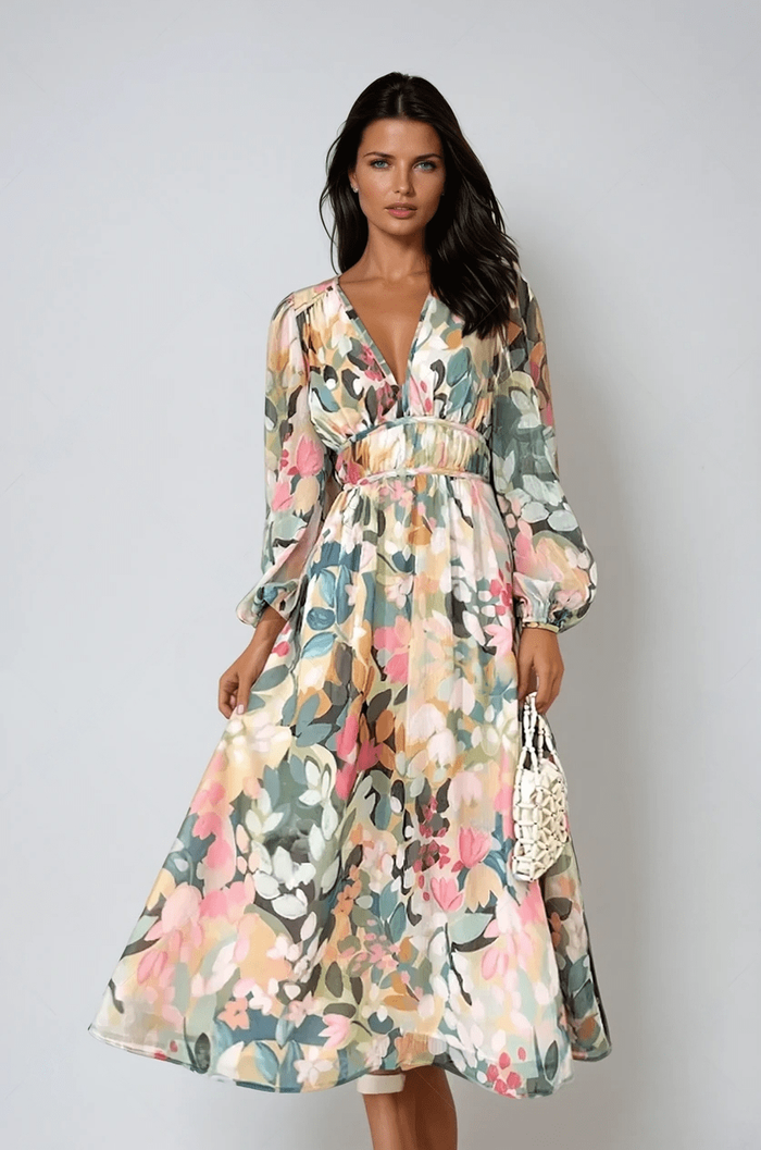Women's Floral V-Neck Midi Dress with Puff Sleeves