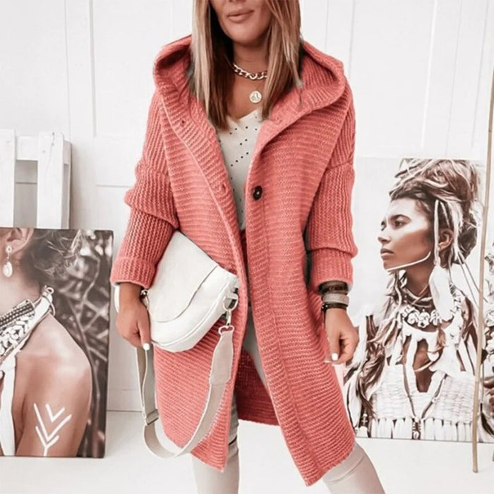 Women's Button-Front Hooded Cardigan Mid-Length