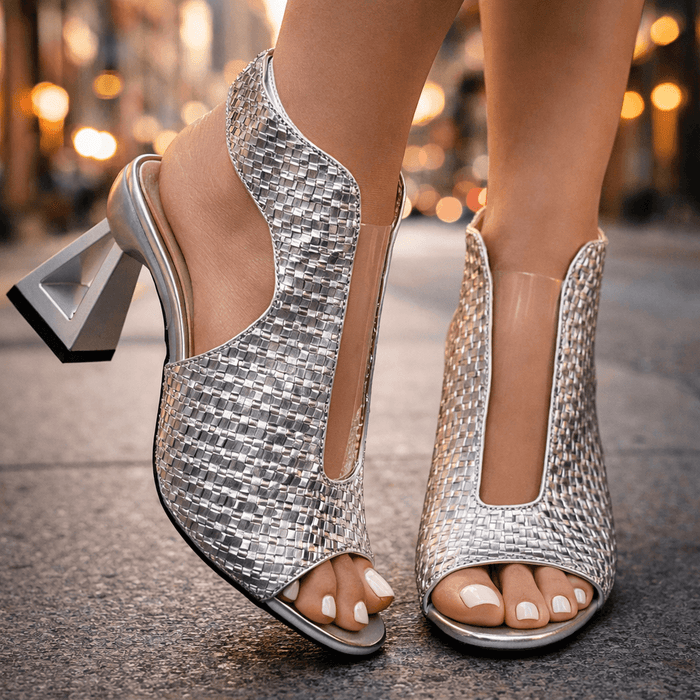 Women's Woven Open-Toe Heeled Sandals with Block Heel