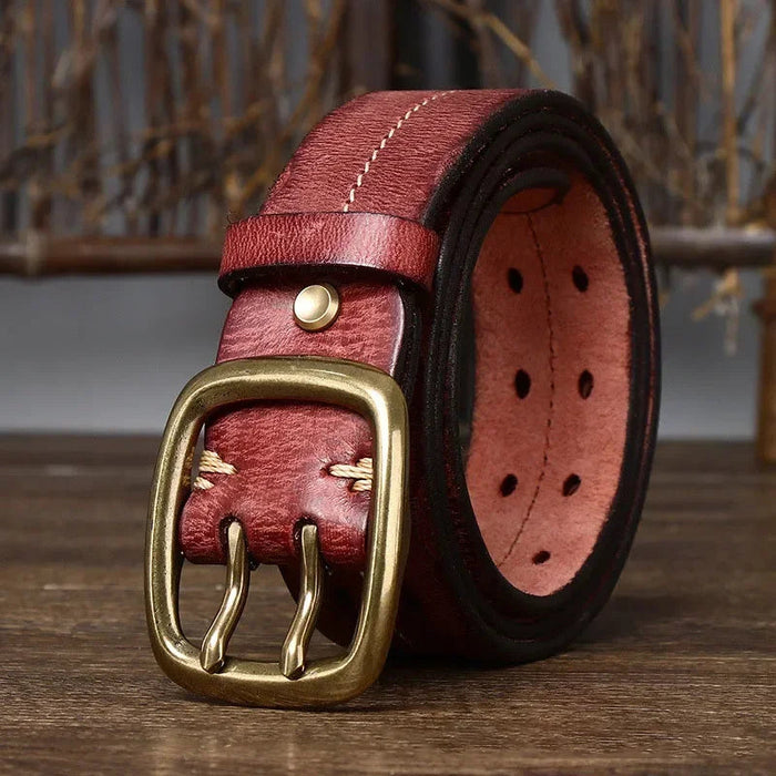 Men's Leather Belt with Double Brass Pin Buckle