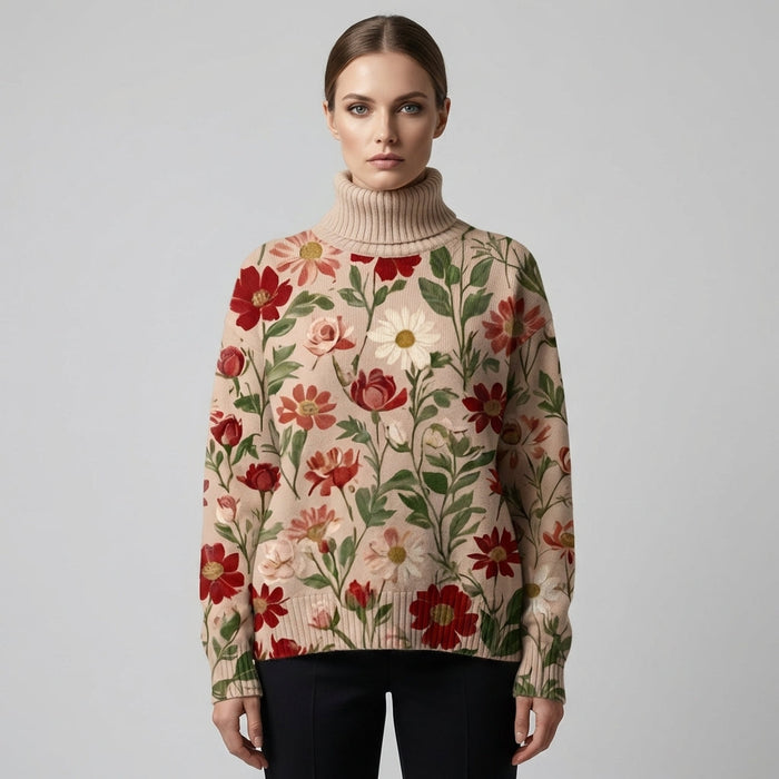 Women's Floral Turtleneck Pullover Sweater Long Sleeve
