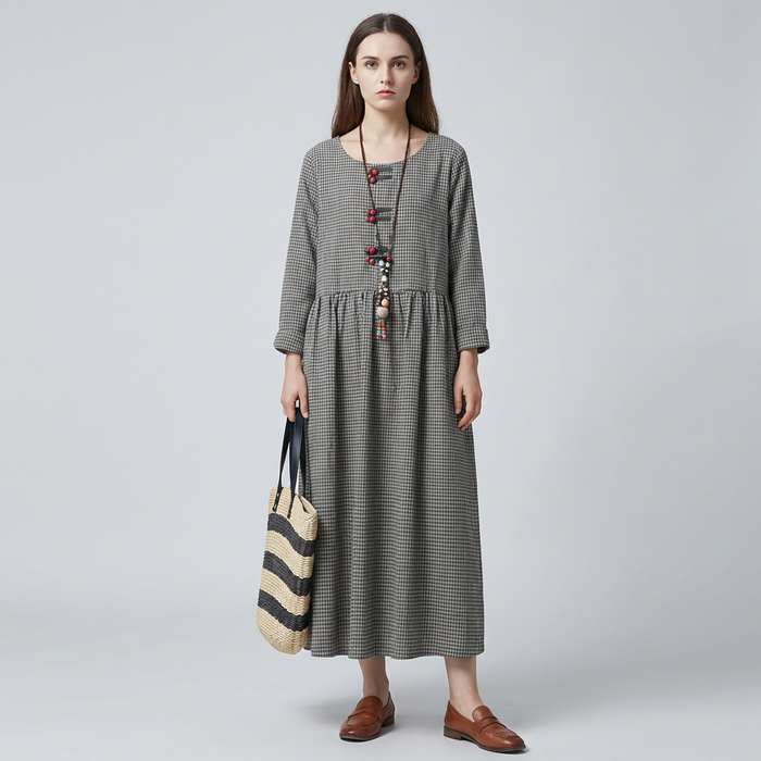 Women's Checked Long Sleeve Maxi Dress with Swing Skirt